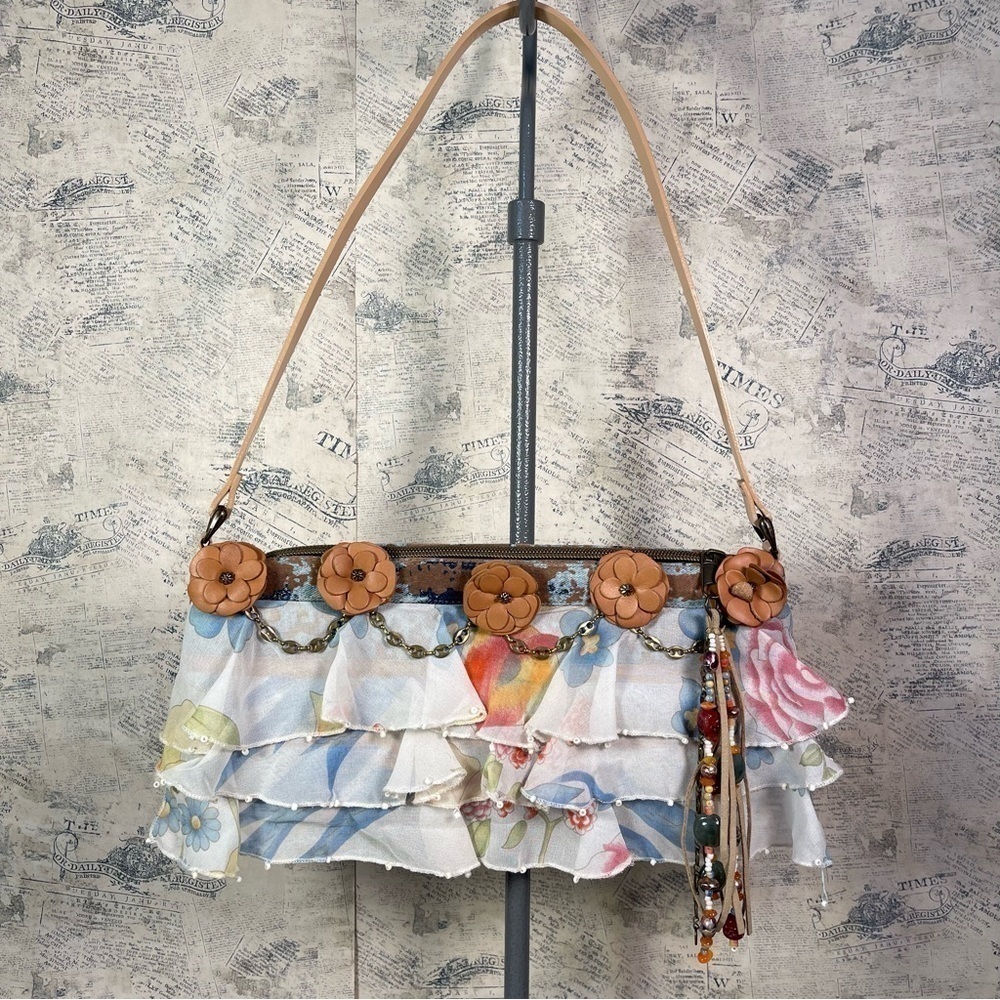 Mary Frances Floral Ruffle Beaded Shoulder Bag Boho Style